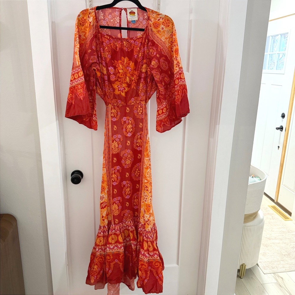 Farm Rio Anthropologie Combuco Cutout Maxi Dress Red Orange Floral M Boho Resort